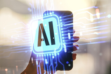 Poster - Double exposure of creative artificial Intelligence icon and hand with cell phone on background. Neural networks and machine learning concept