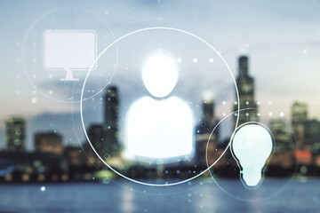 Poster - abstract virtual social network concept on blurry skyline background. multiexposure
