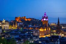 UK, Scotland, Edinburgh,City At Dusk With Clock Tower In Background