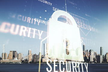 Poster - Virtual creative lock symbol and microcircuit illustration on New York city skyline background. Protection and firewall concept. Multiexposure