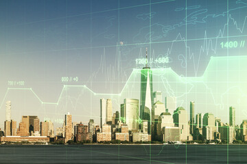 Poster - Multi exposure of stats data illustration on New York city skyline background, computing and analytics concept