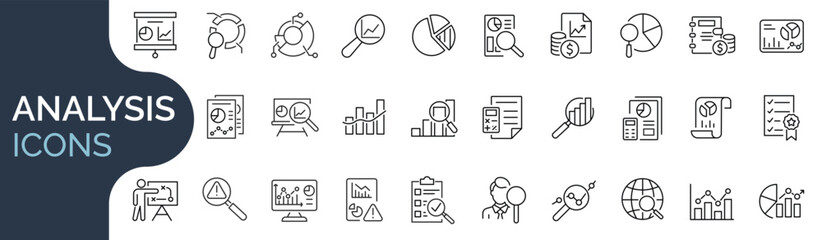 set of outline icons related to analysis, infographic, analytics. editable stroke. vector illustrati