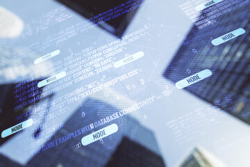 Poster - Abstract virtual coding concept and world map hologram on office buildings background. Multiexposure