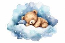 Cute Baby Teddy Bear Sleeping On The Cloud Painted In Watercolor On A White Isolated Background. Generative AI
