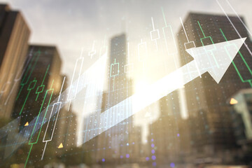 Poster - Multi exposure of abstract financial diagram and upward arrow on blurry cityscape background, rise and breakthrough concept