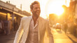 © Roman - young handsome Italian man in a white suit smiling walking down the street in the rays of the setting sun . generative AI