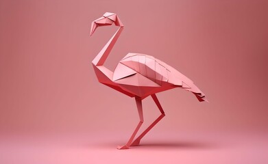 Wall Mural - Pink origami flamingo against pink background. Generative AI.