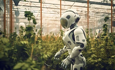 Modern organic farm adopts robotic industry technology. Generative AI.