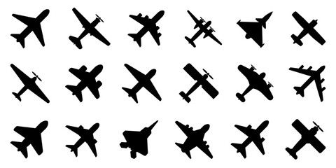 black airplane icon collection. set of black plane silhouette icon