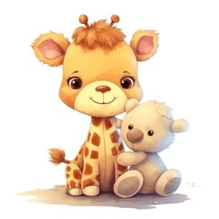 Wall Mural - Cute baby giraffe cartoon holding a toy bear on a white background. Generative AI