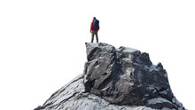 Rocky Mountain Peak With Man Standing. Transparent Background. Adventure Concept.