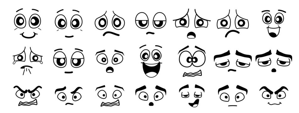 Set of faces in comic style on a white background. Vector stock illustration. isolated. Characters with different facial expressions. Angry, scared, in love, puzzled, cheerful, sad, laughing, crying, 