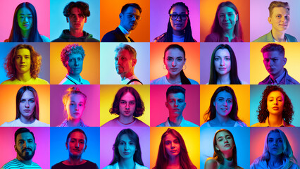 Poster - Collage made of portraits different people, men and women with serious expression looking at camera against multicolored background in neon. Concept of human emotions, lifestyle, facial expression. Ad