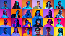 Collage Made Of Portraits Of Different People Of Diverse Age, Gender And Nationality Smiling Against Multicolored Background In Neon Light. Concept Of Human Emotions, Lifestyle, Facial Expression. Ad