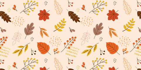 秋の紅葉した葉っぱのシームレスなパターン、ベクター背景。