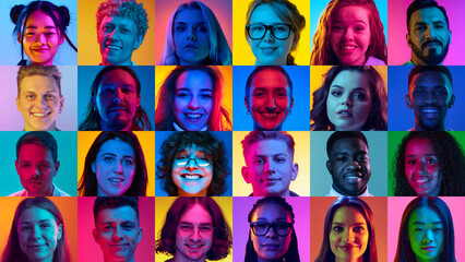 Wall Mural - Collage. Portraits of different people of diverse age, gender and nationality smiling against multicolored background in neon light. Concept of human emotions, youth, lifestyle, facial expression. Ad