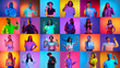 © master1305 - Collage made of portraits of different men and women raising finger up against multicolored background in neon light. Ideas. Concept of human emotions, youth, lifestyle, facial expression. Ad