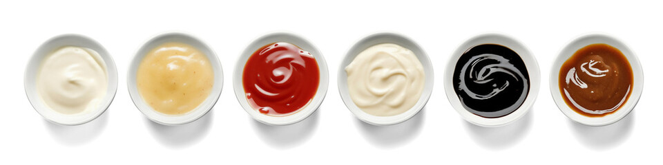 Various sauces in bowls isolated on transparent or white background, png