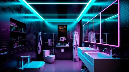 A dark modern bathroom interior design with purple and blue neon lights. Futuristic design. Generative AI.