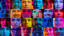 Collage Made Of Close-up Portraits Of Different People, Men And Women Looking At Camera Over Multicolored Background In Neon Light. Concept Of Human Emotions, Youth, Lifestyle, Facial Expression. Ad
