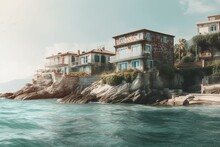Charming Seaside Homes In Italian Watercolor Style. Generative AI