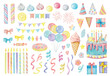 A set of vector watercolor birthday party cliparts in pastel colors.