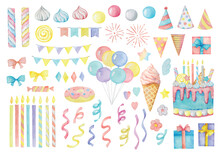 A Set Of Vector Watercolor Birthday Party Cliparts In Pastel Colors.