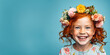 © TimeaPeter - Adorable ginger little girl wearing flowers in her hair. Isolated on blue background