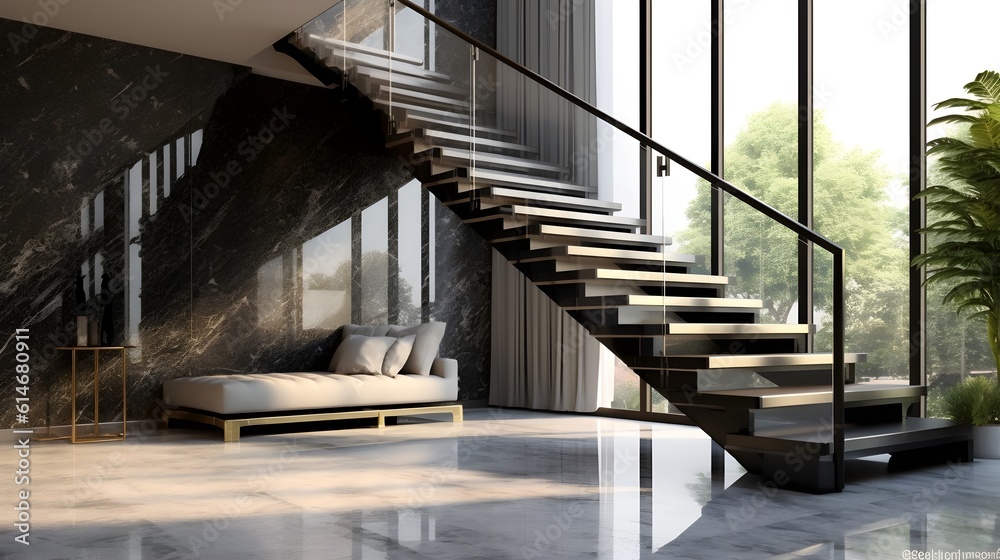 Modern Luxury Living Room Interior with Gray Marble Staircase, Tempered ...