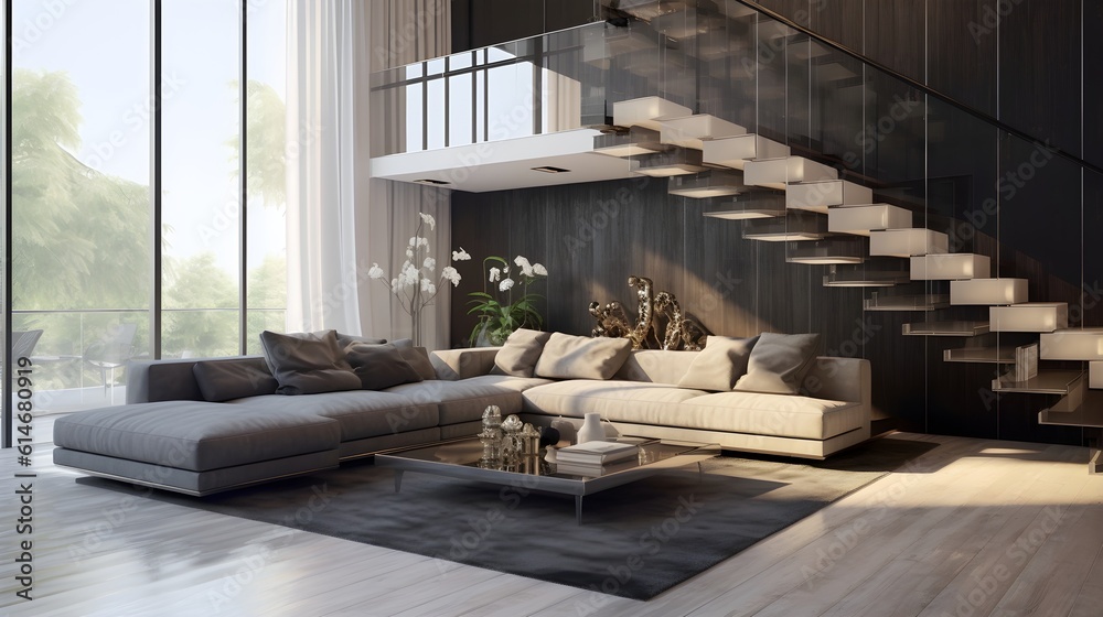 Modern Luxury Living Room Interior with Gray Marble Staircase, Tempered ...