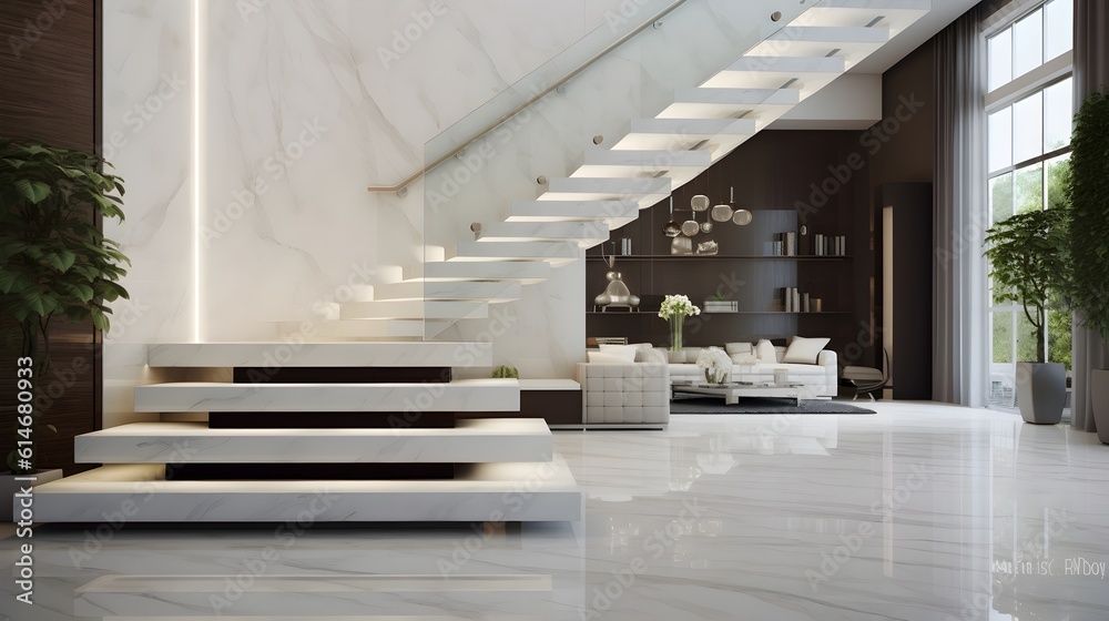 Modern Luxury Living Room Interior with Gray Marble Staircase, Tempered ...