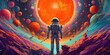 © AkimD - AI Generated. AI Generative. Space galaxy universe astronaut cosmos walk in planet surface. psychedelic synthwave style. Graphic Art