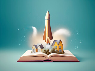 Aufkleber - Rocket starts from open book. Spaceship launch from dictionary. Concept of a successful start up of a business. and education. Creative idea. Ai Generative illustration