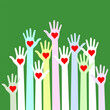 Colorful caring up hands with red hearts illustration on green background. Volunteers hands up logo emblem. Vector hands up icon. Design element for the education, health care, medical, volunteer.