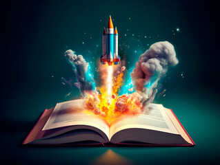 Aufkleber - Rocket starts from open book. Spaceship launch from dictionary. Concept of a successful start up of a business. and education. Creative idea. Ai Generative illustration