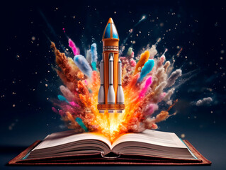 Aufkleber - Rocket starts from open book. Spaceship launch from dictionary. Concept of a successful start up of a business. and education. Creative idea. Ai Generative illustration