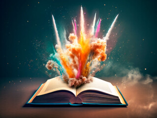Aufkleber - Colorful explosion splash from open book. Concept of a successful start up of a business. and education. Creative idea. Ai Generative illustration