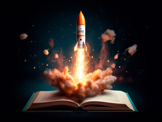 Aufkleber - Rocket starts from open book. Spaceship launch from dictionary. Concept of a successful start up of a business. and education. Creative idea. Ai Generative illustration