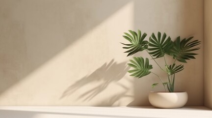minimal blank beige brown smooth wall with green tropical tree in sunlight, leaf shadow for luxury n