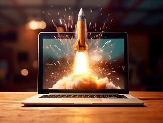Aufkleber - Rocket starts from computer device screen. Spaceship launch from Laptop. Concept of a successful start up of a business. Creative idea, education online. Ai Generative illustration