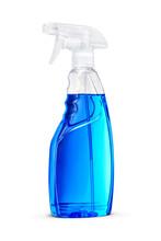 Blue Window Cleaner In Plastic Bottle With Sprayer Isolated. Transparent PNG Image.