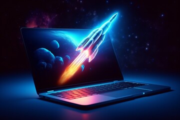 Wall Mural - Rocket and laptop in blue neon background, Generative AI