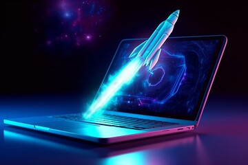 Wall Mural - Rocket and laptop in blue neon background, Generative AI