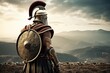 Spartan warrior in armor on battlefield landscape, Generative AI