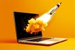© ParinApril - Laptop screen shoots rocket, orange backdrop, Generative AI