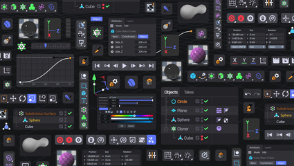 Poster - background of 3d modeling software. a set of tools. toolbar bg. vector illustration. buttons and ico