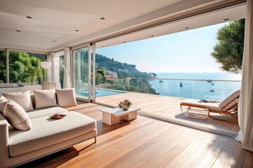 Wall Mural - Luxury apartment with view sea view, generative ai