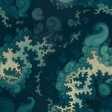 Blue And Green Swirly Pattern In Mandelbrot Style With Fractals, Endless Tile, Wallpaper In The Style Of Atmospheric Clouds, Luminous Background, Traditional Oceanic Art In Turquoise, Abstract