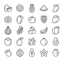 Fruit Line Icon Isolated Tropical Food. Linear Healthy Outline Apple Grape Cherry Stroke Sign Vector Illustration.