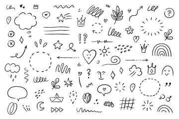 Wall Mural - Hand drawn simple elements set. Sketch underlines, icons, emphasis, speech bubbles, arrows and shapes. Vector illustration isolated on white background.